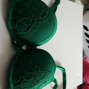 Green bra with lace detail.